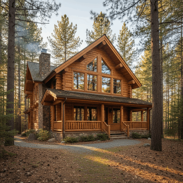 Rustic cedar log home with golden honey-colored logs surrounded by pine forest