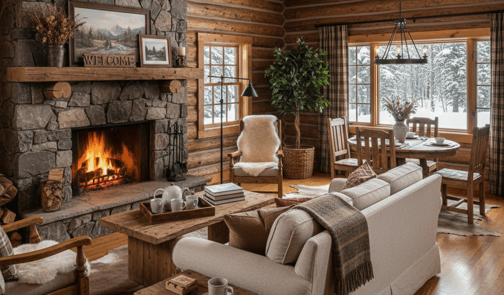 Cozy log cabin interior set up as Airbnb vacation rental