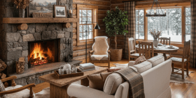 Cozy log cabin interior set up as Airbnb vacation rental