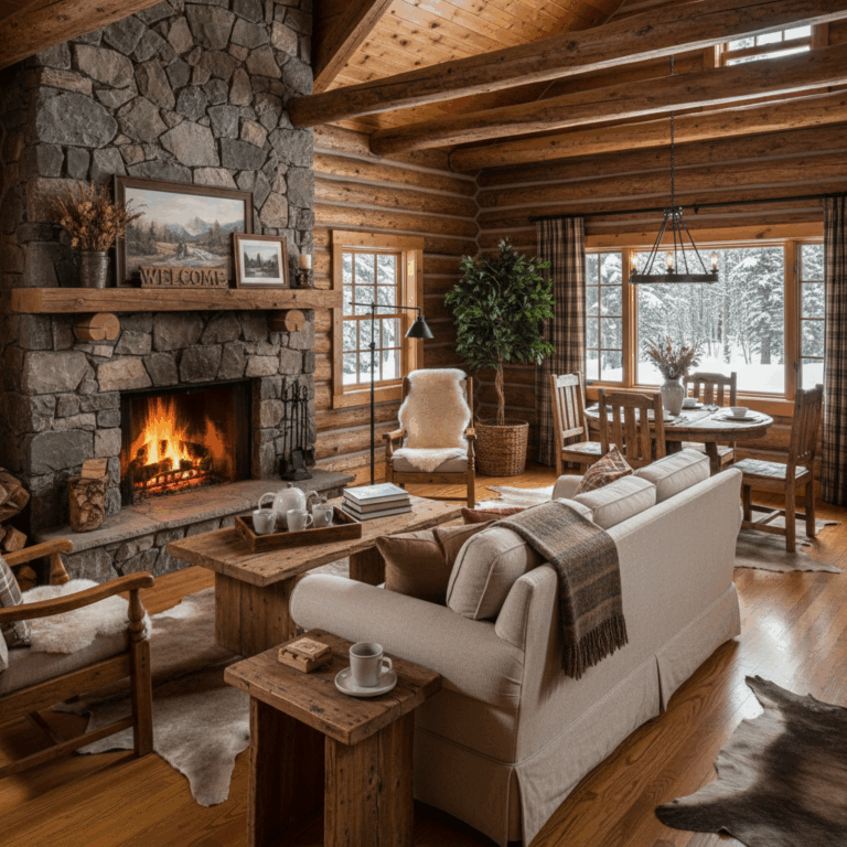 Cozy log cabin interior set up as Airbnb vacation rental