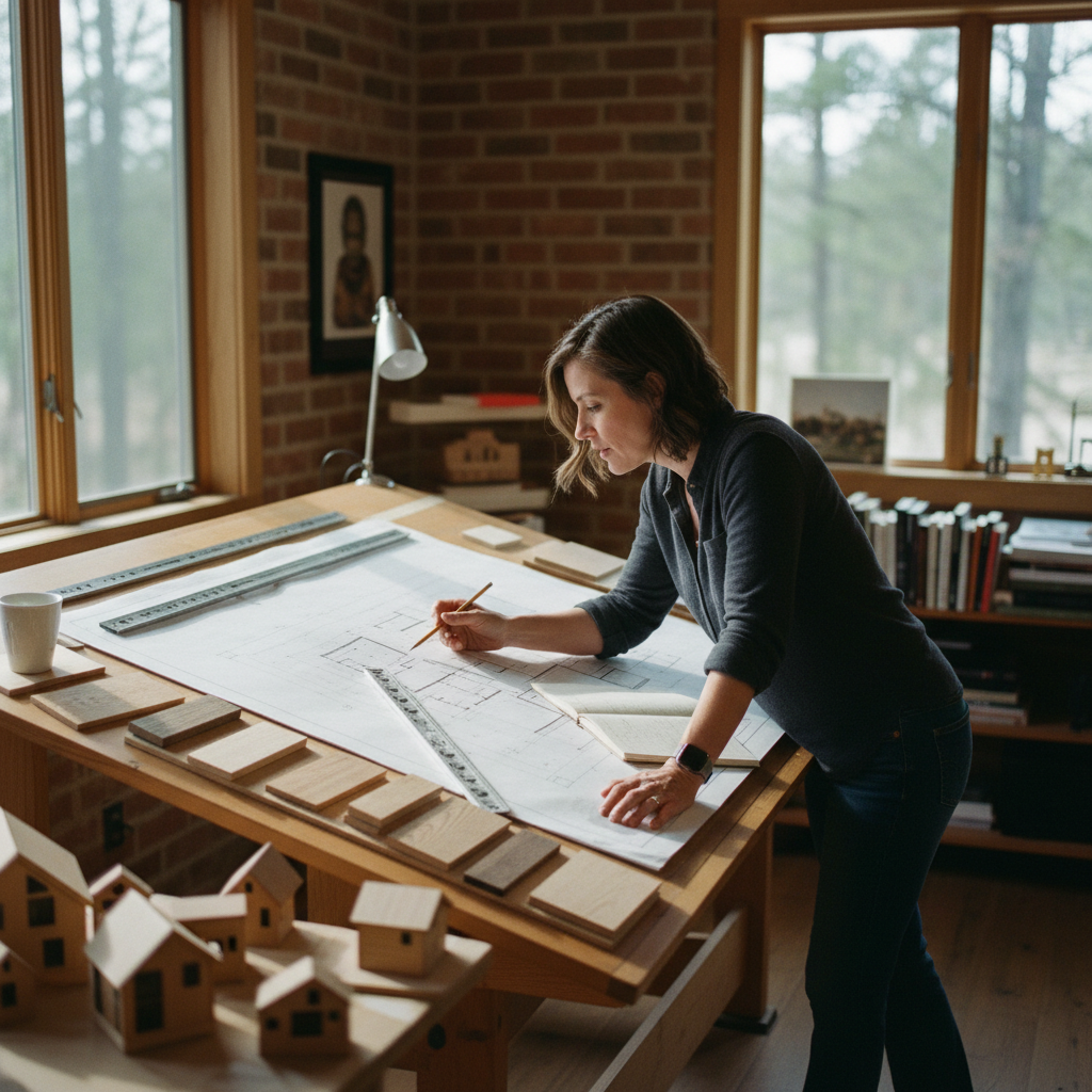 Designer reviewing cabin plans