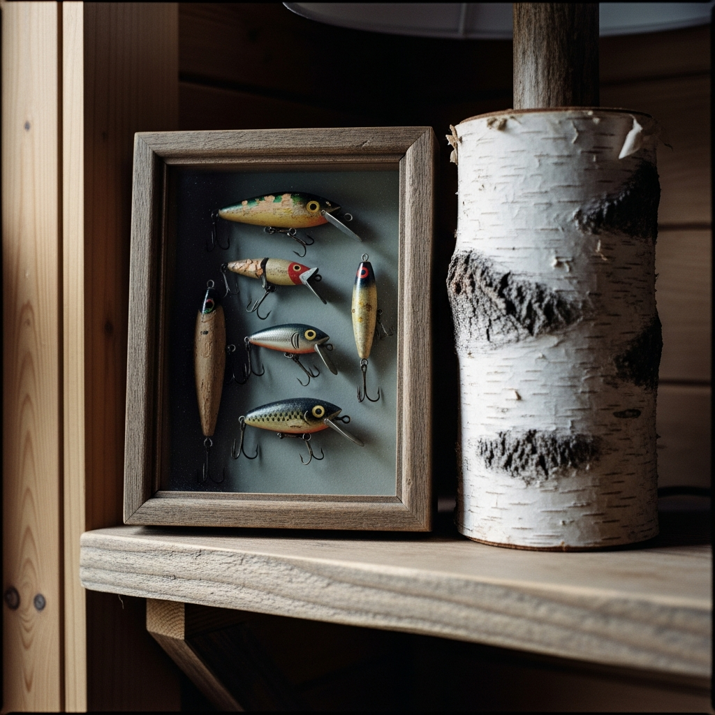Birch bark lamp base and vintage fishing lures in shadow box frame on northwoods cabin shelf