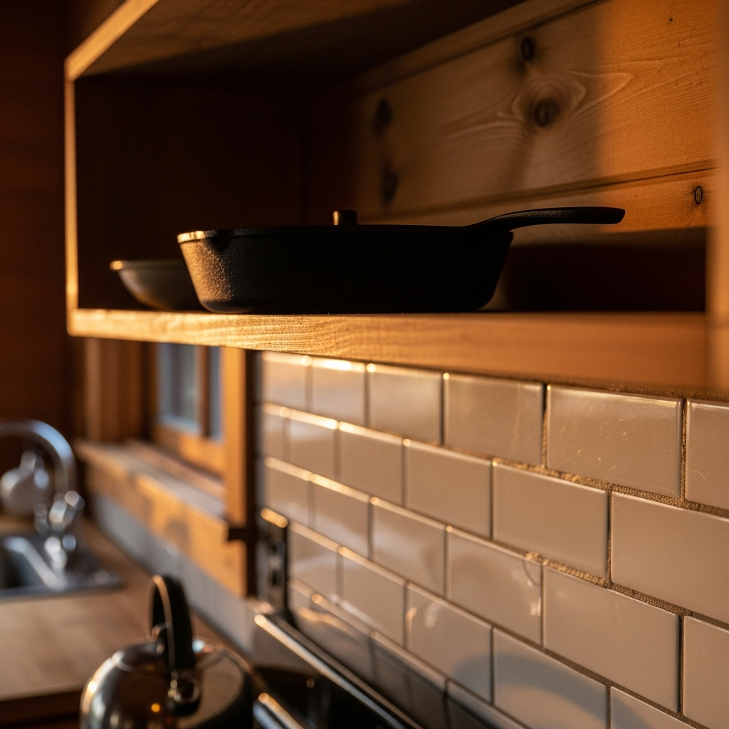 Cabin kitchen backsplash with peel-and-stick subway tile and cast iron pan on open shelf