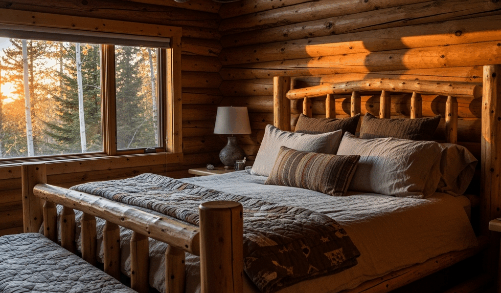 cozy log cabin bedroom with natural wood bed frame warm line 20260331 083021
