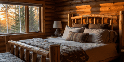 cozy log cabin bedroom with natural wood bed frame warm line 20260331 083021