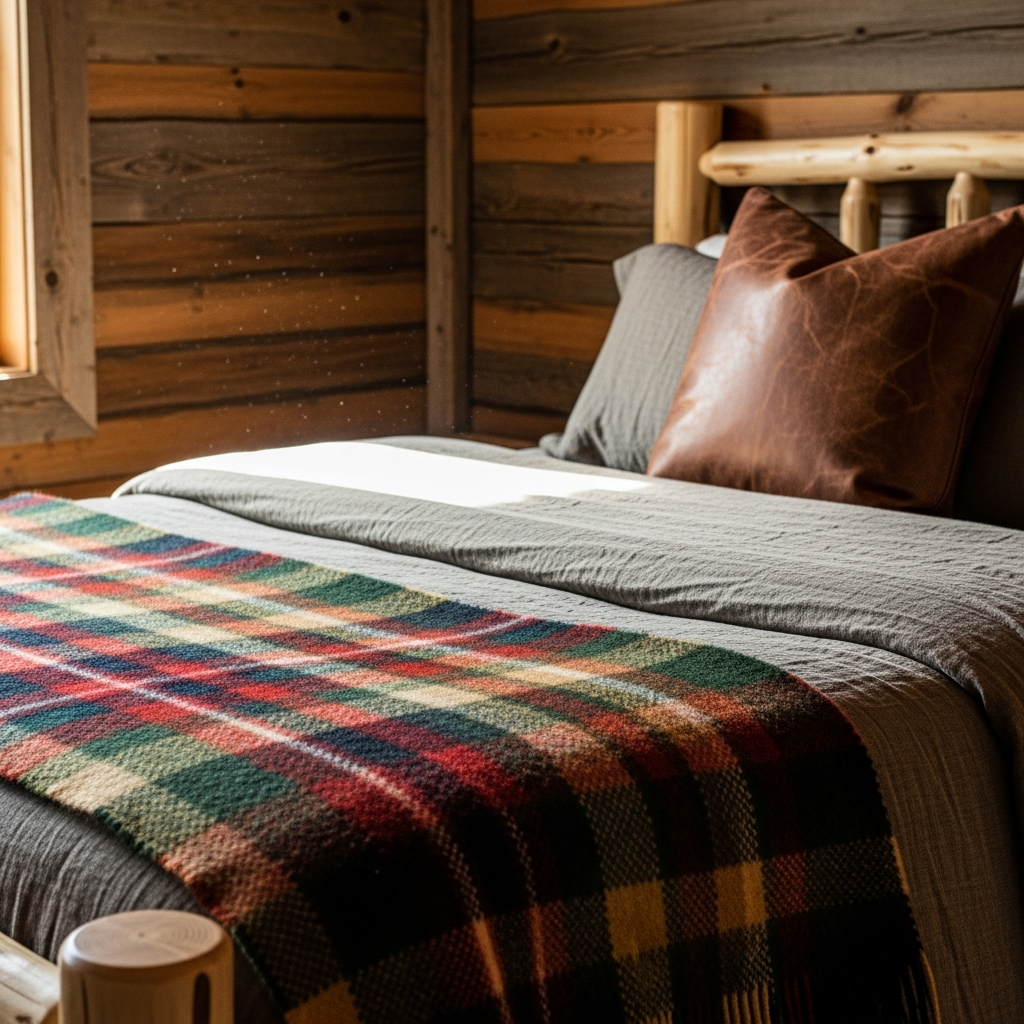 Rustic cabin bedroom with layered plaid wool blanket and leather pillow against natural wood walls