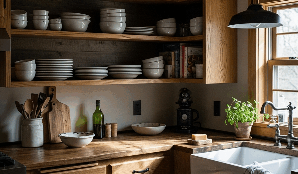 rustic cabin kitchen with open wooden shelving matte black h 20260331 083956