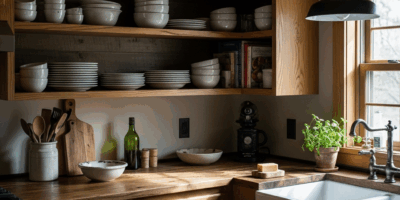 rustic cabin kitchen with open wooden shelving matte black h 20260331 083956
