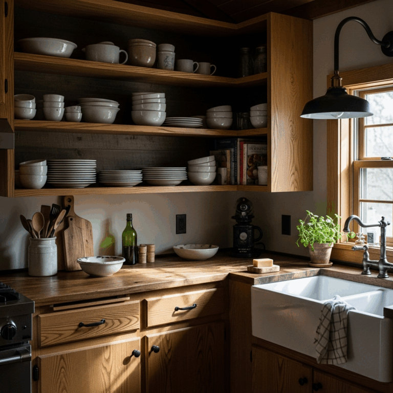 rustic cabin kitchen with open wooden shelving matte black h 20260331 083956